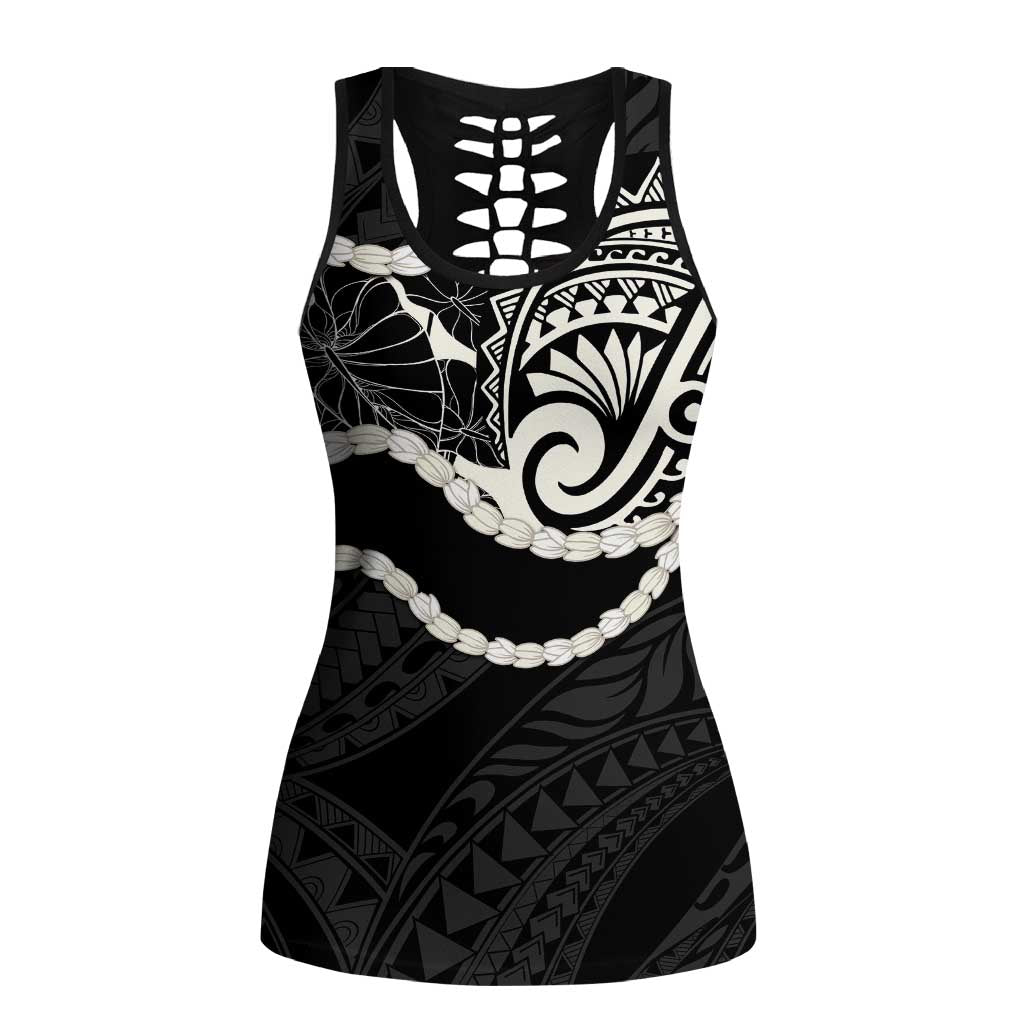 Aloha Hawaii Kalo Pikake Lei Hollow Tank Top Chest Tattoo Black Hawaiian Pattern LT14 Female Black - Polynesian Pride