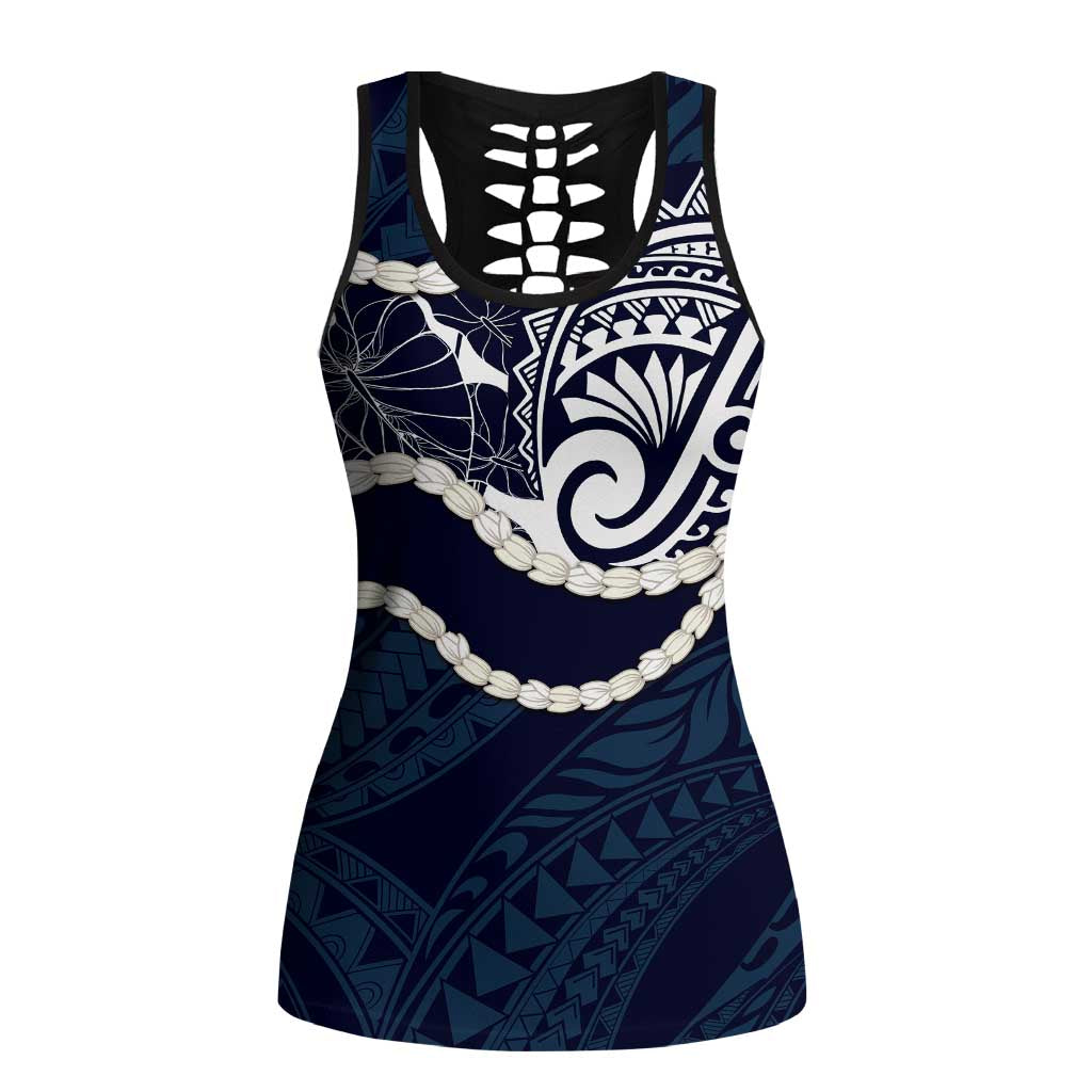 Aloha Hawaii Kalo Pikake Lei Hollow Tank Top Chest Tattoo Oxford Blue Hawaiian Pattern LT14 Female Oxford Blue - Polynesian Pride