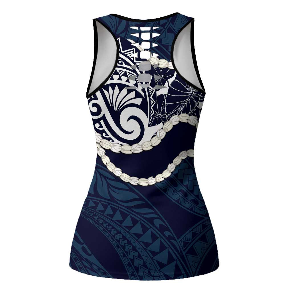 Aloha Hawaii Kalo Pikake Lei Hollow Tank Top Chest Tattoo Oxford Blue Hawaiian Pattern LT14 - Polynesian Pride