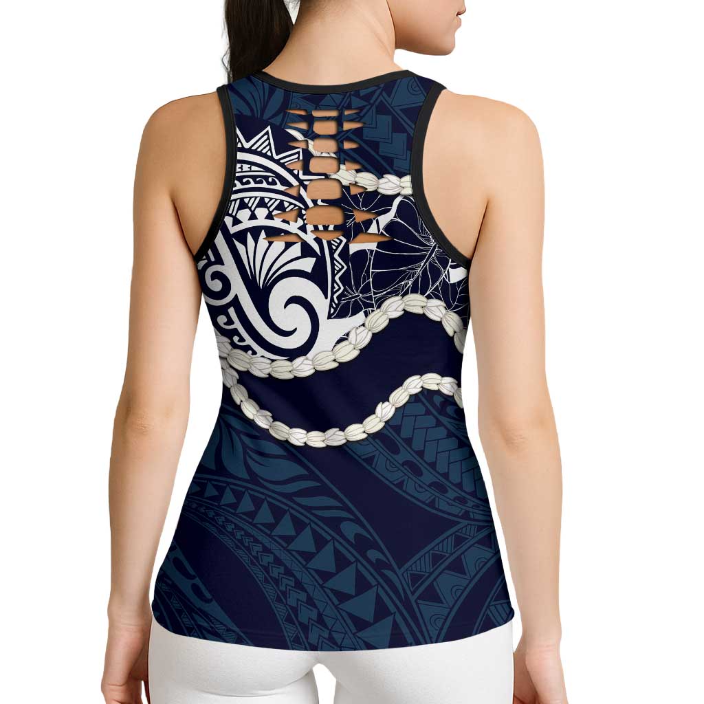 Aloha Hawaii Kalo Pikake Lei Hollow Tank Top Chest Tattoo Oxford Blue Hawaiian Pattern LT14 - Polynesian Pride