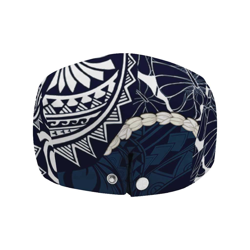 Aloha Hawaii Kalo Pikake Lei Jeff Hat Chest Tattoo Oxford Blue Hawaiian Pattern LT14 - Polynesian Pride