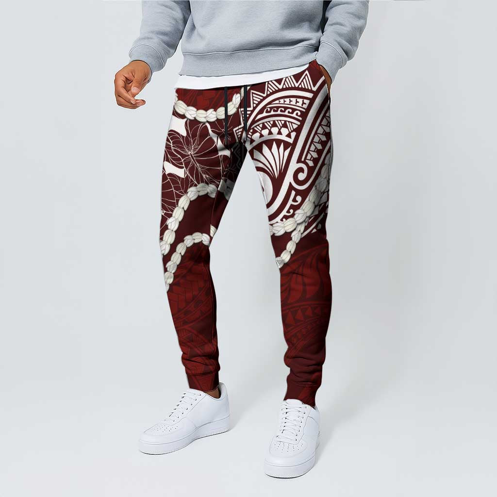 Aloha Hawaii Kalo Pikake Lei Jogger Pants Chest Tattoo Oxblood Hawaiian Pattern LT14 - Polynesian Pride