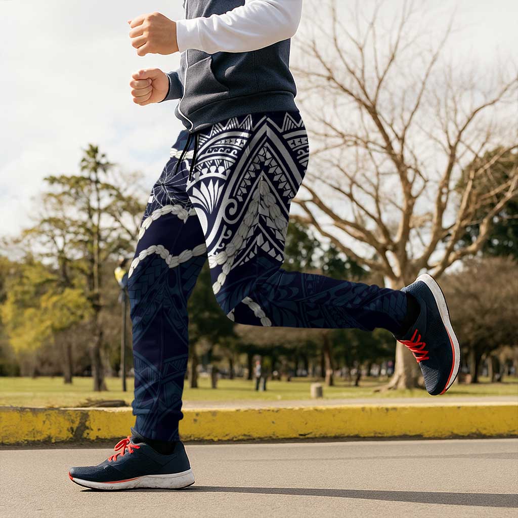 Aloha Hawaii Kalo Pikake Lei Jogger Pants Chest Tattoo Oxford Blue Hawaiian Pattern LT14 - Polynesian Pride
