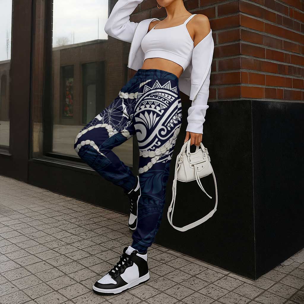 Aloha Hawaii Kalo Pikake Lei Jogger Pants Chest Tattoo Oxford Blue Hawaiian Pattern LT14 - Polynesian Pride