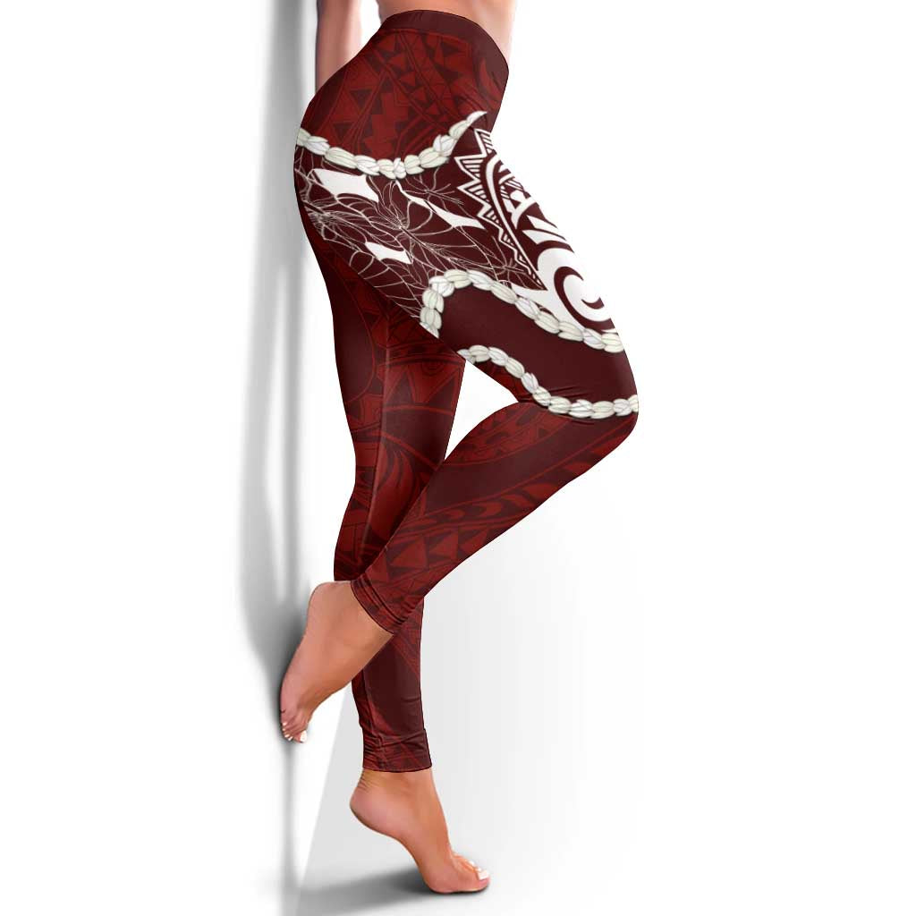 Aloha Hawaii Kalo Pikake Lei Leggings Chest Tattoo Oxblood Hawaiian Pattern LT14 - Polynesian Pride