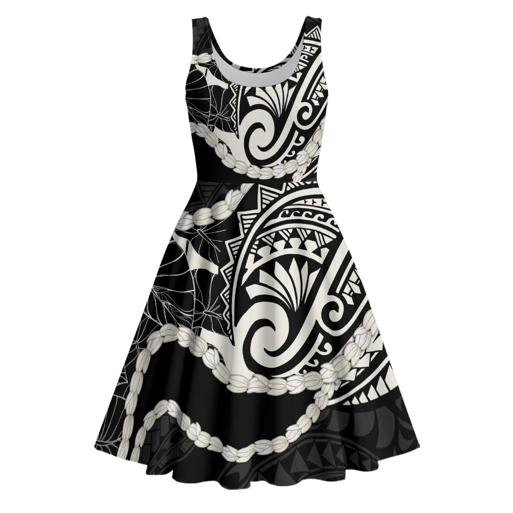 Aloha Hawaii Kalo Pikake Lei Midi Dress Chest Tattoo Black Hawaiian Pattern LT14 Black - Polynesian Pride
