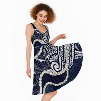 Aloha Hawaii Kalo Pikake Lei Midi Dress Chest Tattoo Oxford Blue Hawaiian Pattern LT14 - Polynesian Pride