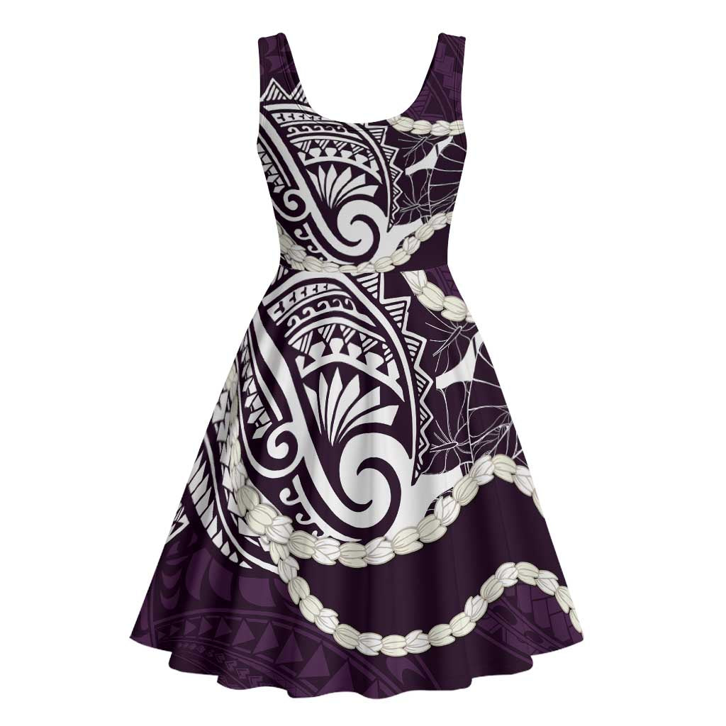 Aloha Hawaii Kalo Pikake Lei Midi Dress Chest Tattoo Purple Hawaiian Pattern