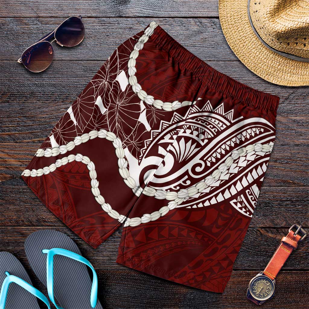 Aloha Hawaii Kalo Pikake Lei Shorts for Men Chest Tattoo Oxblood Hawaiian Pattern LT14 Oxblood - Polynesian Pride