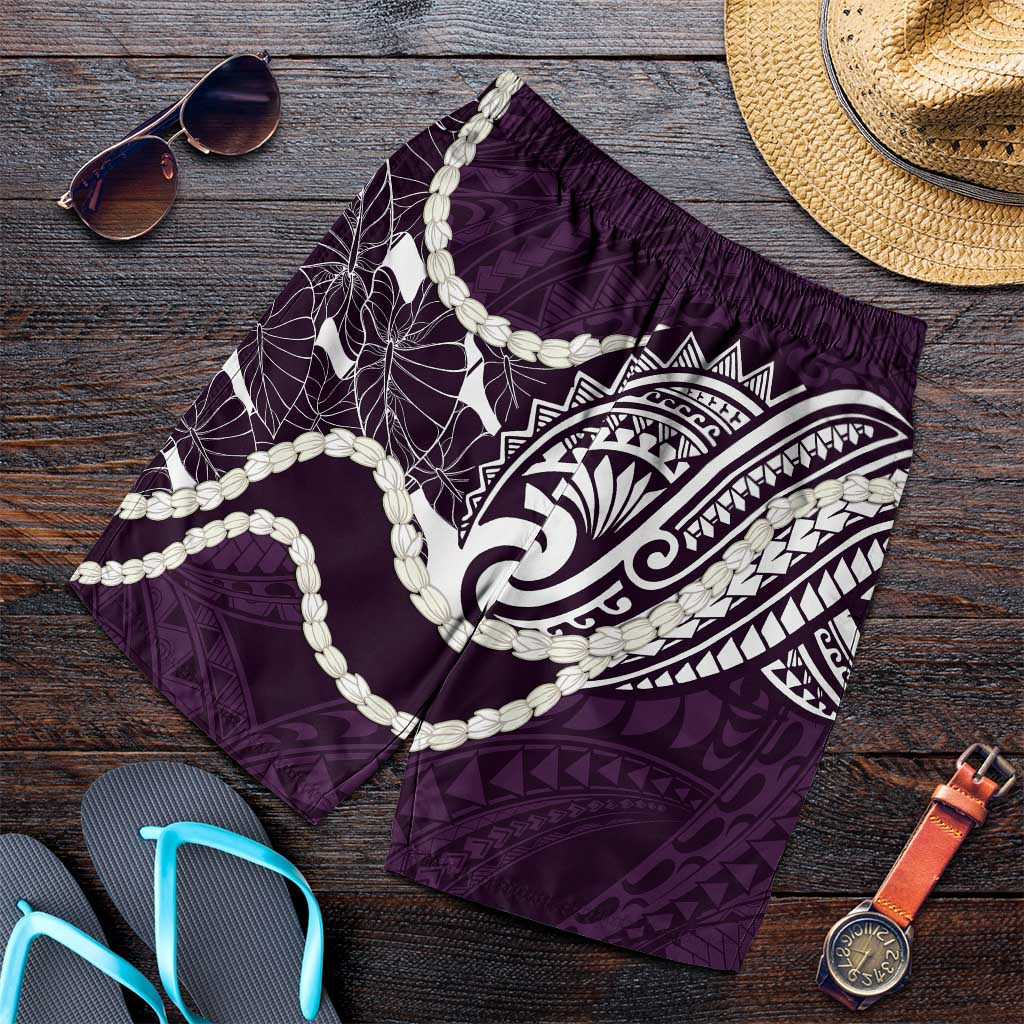 Aloha Hawaii Kalo Pikake Lei Shorts for Men Chest Tattoo Purple Hawaiian Pattern LT14 Purple - Polynesian Pride