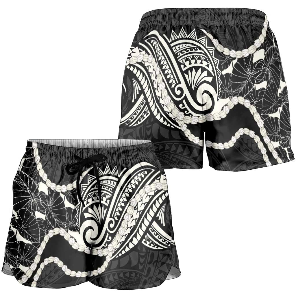 Aloha Hawaii Kalo Pikake Lei Shorts for Women Chest Tattoo Black Hawaiian Pattern LT14 - Polynesian Pride