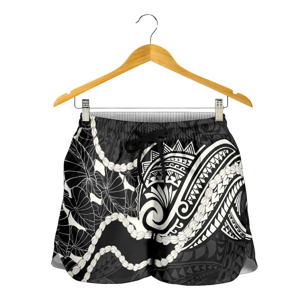 Aloha Hawaii Kalo Pikake Lei Shorts for Women Chest Tattoo Black Hawaiian Pattern LT14 - Polynesian Pride