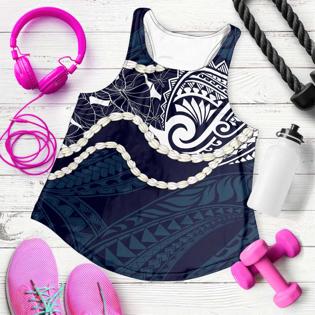 Aloha Hawaii Kalo Pikake Lei Women Racerback Tank Chest Tattoo Oxford Blue Hawaiian Pattern LT14 Oxford Blue - Polynesian Pride