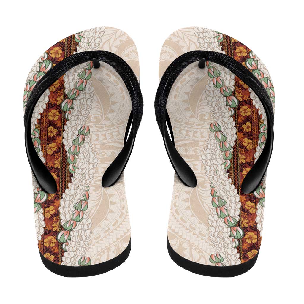 Aloha Hawaii Mikioi Lei Flip Flops Beige Tropical Flower Pattern - Polynesian Pride