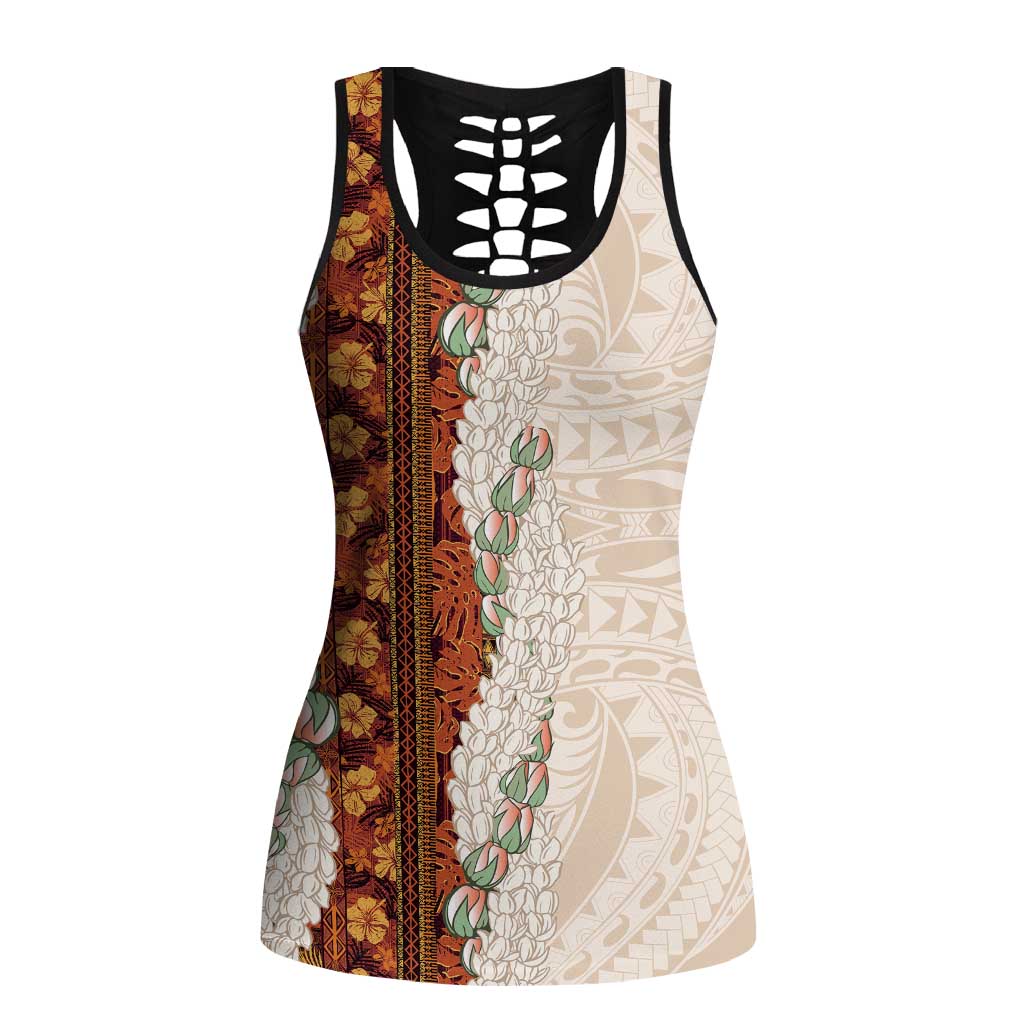 Aloha Hawaii Mikioi Lei Hollow Tank Top Beige Tropical Flower Pattern LT14 Female Beige - Polynesian Pride
