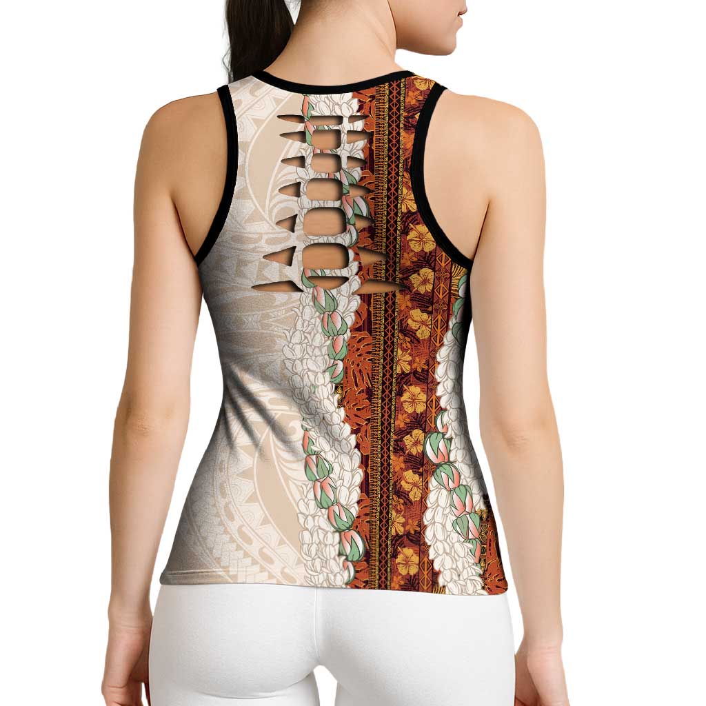 Aloha Hawaii Mikioi Lei Hollow Tank Top Beige Tropical Flower Pattern LT14 - Polynesian Pride