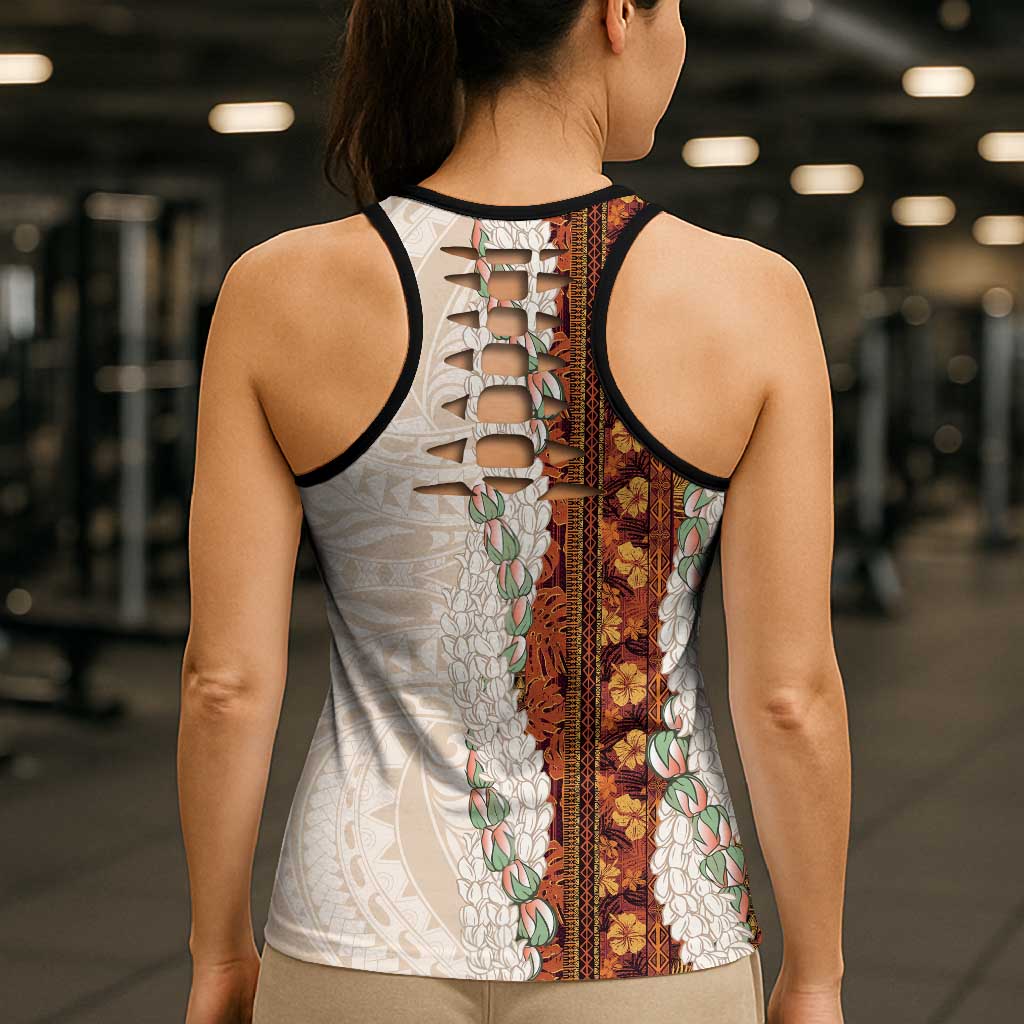 Aloha Hawaii Mikioi Lei Hollow Tank Top Beige Tropical Flower Pattern LT14 - Polynesian Pride