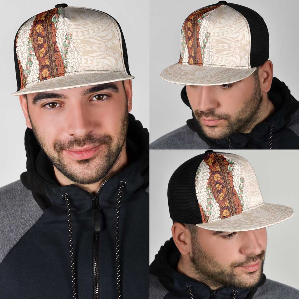 Aloha Hawaii Mikioi Lei Mesh Trucker Cap Beige Tropical Flower Pattern - Polynesian Pride