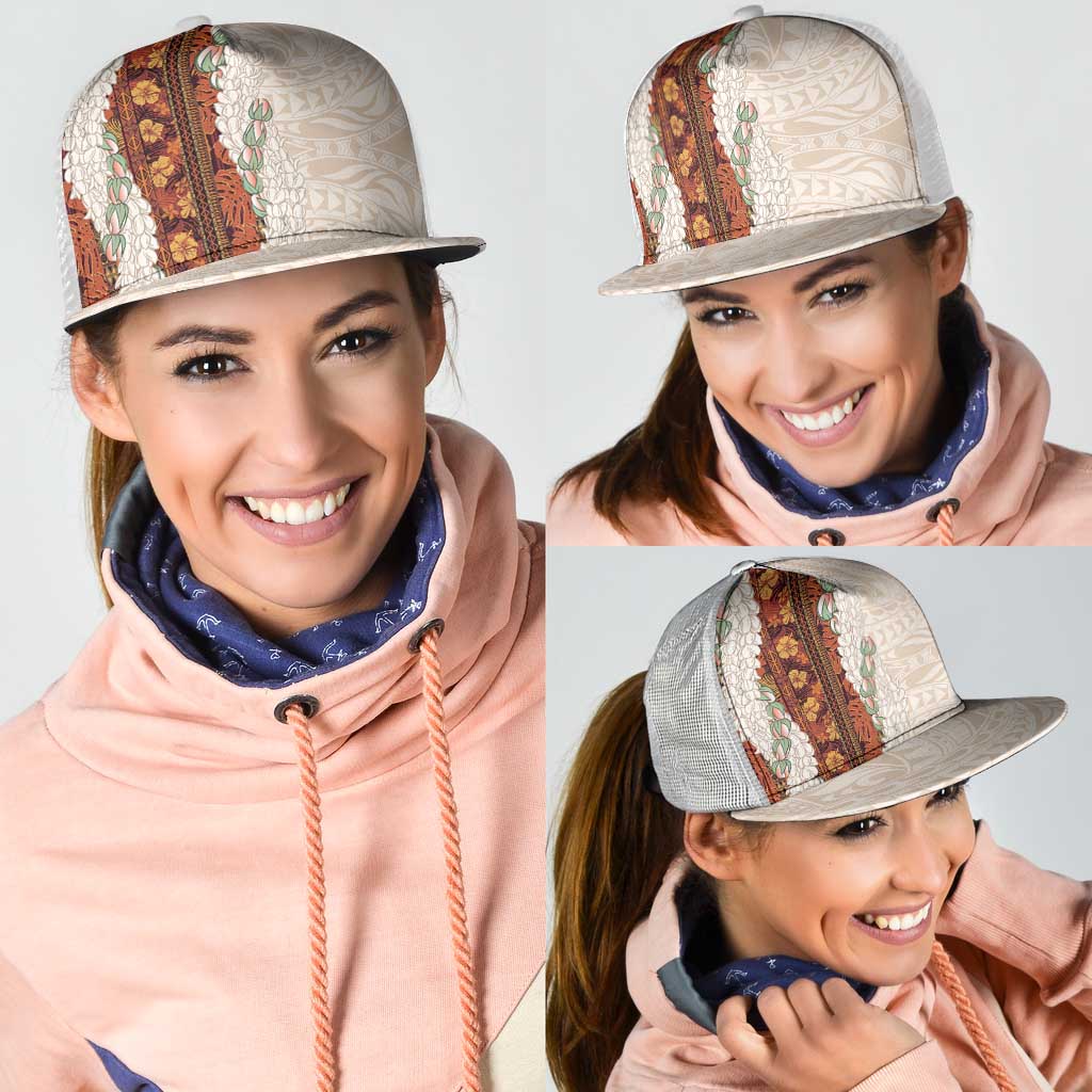 Aloha Hawaii Mikioi Lei Mesh Trucker Cap Beige Tropical Flower Pattern - Polynesian Pride