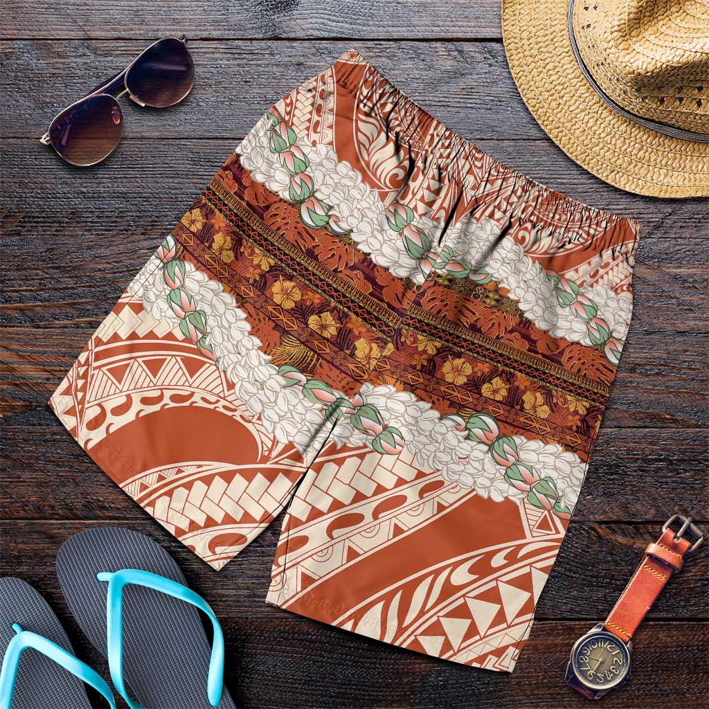 Aloha Hawaii Mikioi Lei Shorts for Men Cattail Red Tropical Flower Pattern LT14 Cattail Red - Polynesian Pride