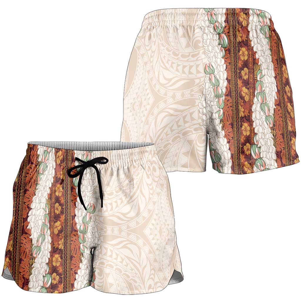 Aloha Hawaii Mikioi Lei Shorts for Women Beige Tropical Flower Pattern LT14 - Polynesian Pride