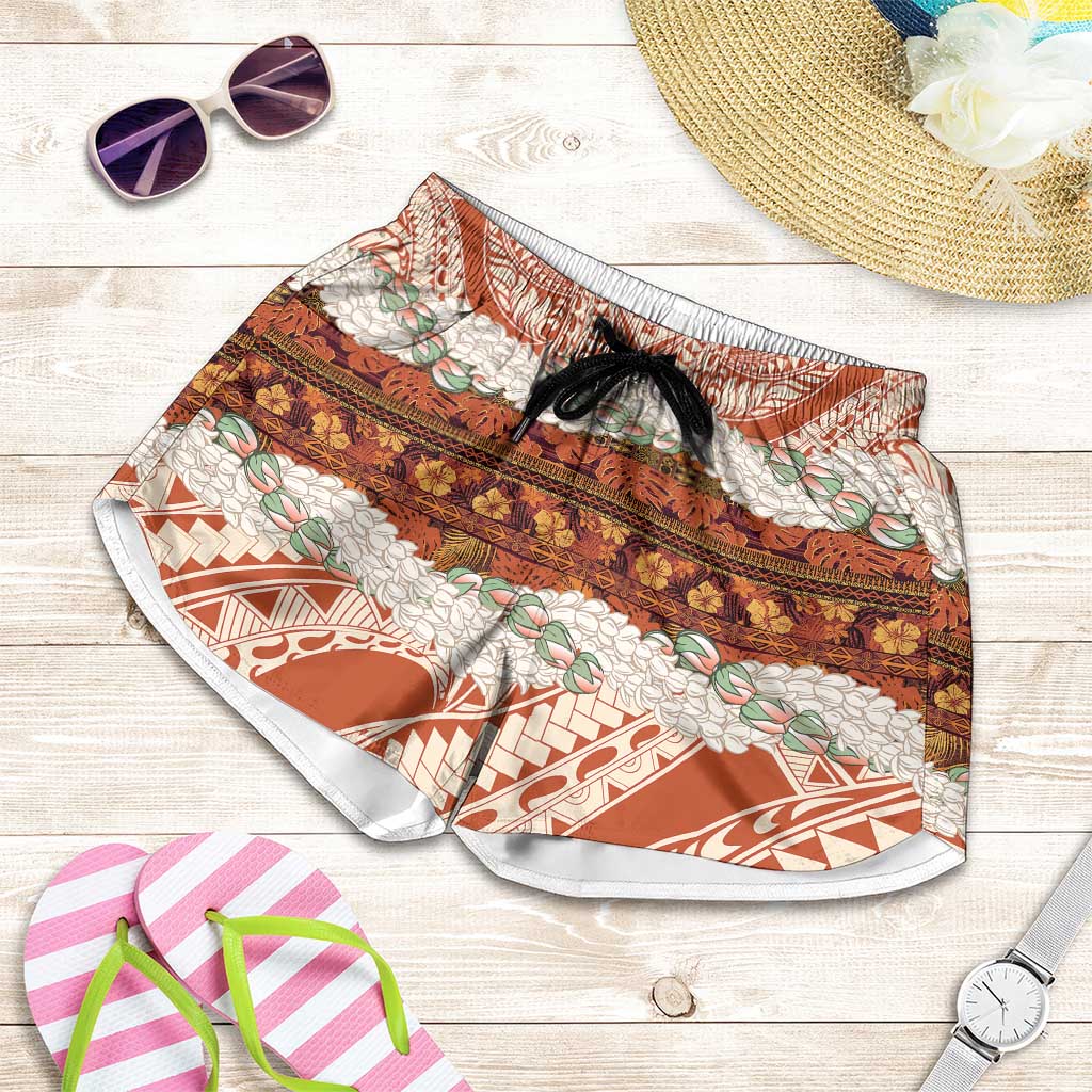 Aloha Hawaii Mikioi Lei Shorts for Women Cattail Red Tropical Flower Pattern LT14 Cattail Red - Polynesian Pride