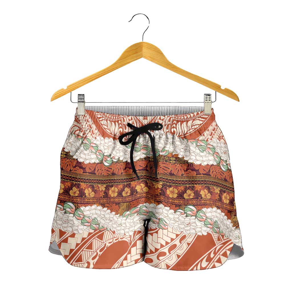 Aloha Hawaii Mikioi Lei Shorts for Women Cattail Red Tropical Flower Pattern LT14 - Polynesian Pride
