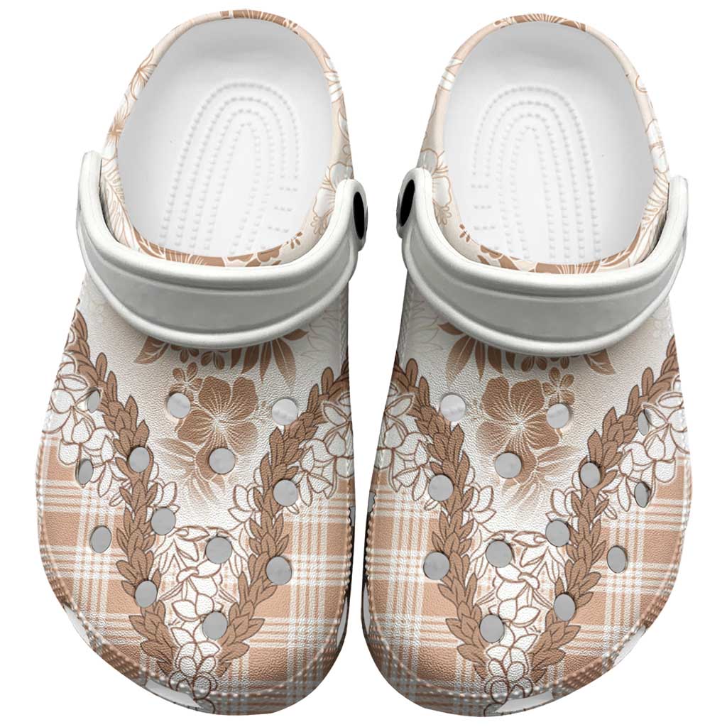 Aloha Hawaii Palaka Clogs Shoes Beige Plumeria Lei