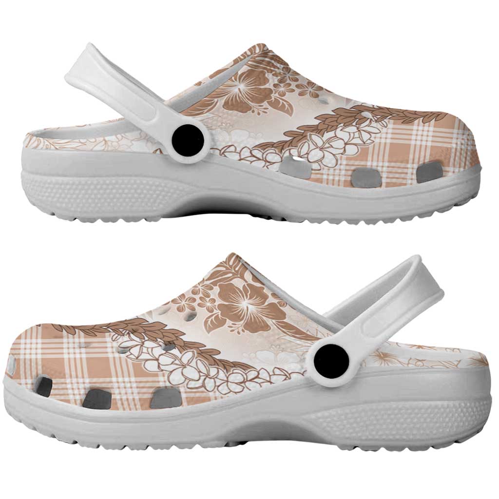 Aloha Hawaii Palaka Clogs Shoes Beige Plumeria Lei LT05 - Polynesian Pride