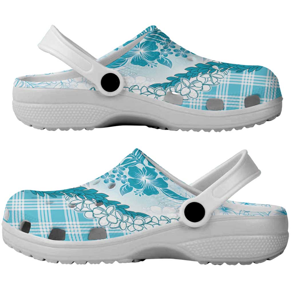Aloha Hawaii Palaka Clogs Shoes Blue Plumeria Lei LT05 - Polynesian Pride