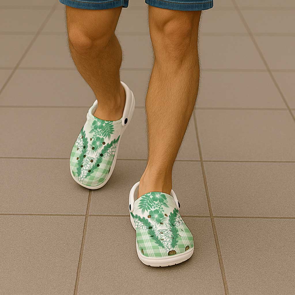 Aloha Hawaii Palaka Clogs Shoes Green Plumeria Lei LT05 - Polynesian Pride