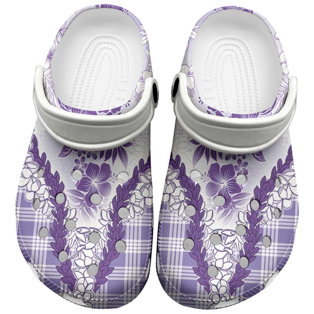 Aloha Hawaii Palaka Clogs Shoes Purple Plumeria Lei