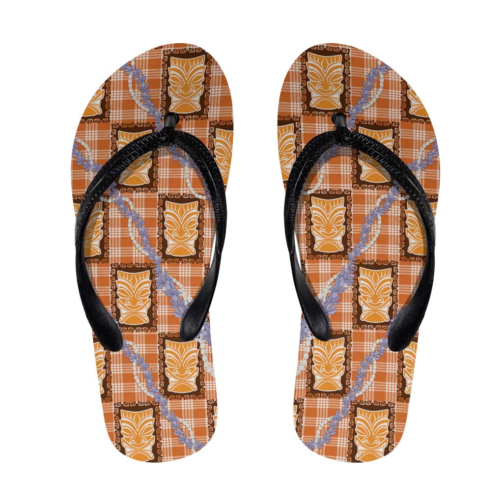 Aloha Hawaii Tiki Palaka Motifs Flip Flops Honohono Lei Orange Elegant Vibes LT14 Orange - Polynesian Pride