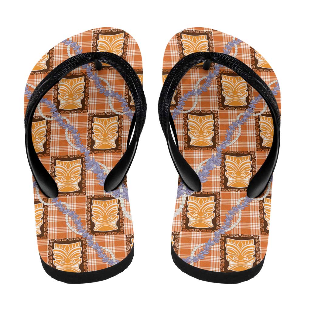 Aloha Hawaii Tiki Palaka Motifs Flip Flops Honohono Lei Orange Elegant Vibes LT14 - Polynesian Pride