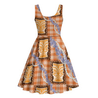 Aloha Hawaii Tiki Palaka Motifs Midi Dress Honohono Lei Orange Elegant Vibes LT14 - Polynesian Pride