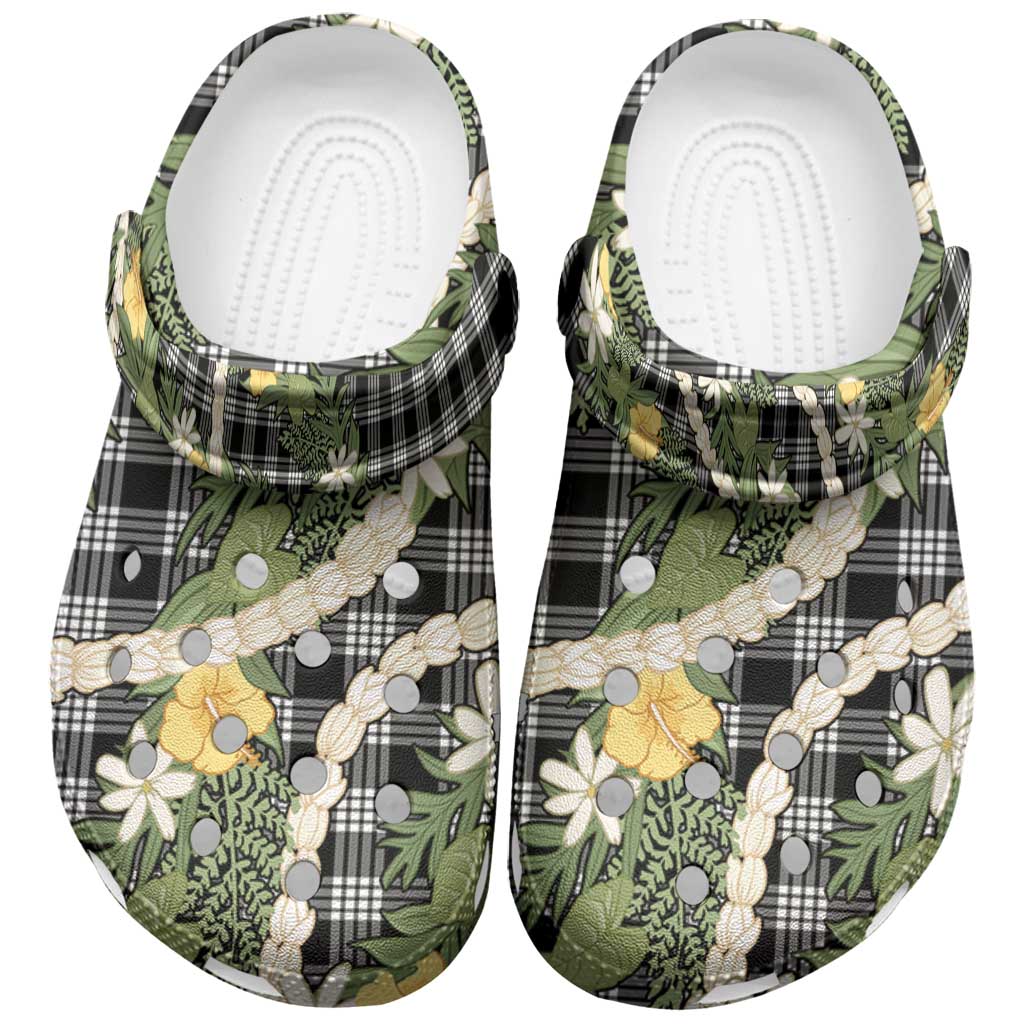 Aloha Puakenikeni Anthurium Pikake Lei Clogs Shoes Black Hawaiian Palaka Pattern