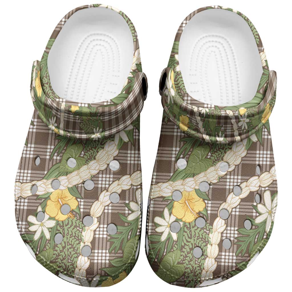 Aloha Puakenikeni Anthurium Pikake Lei Clogs Shoes Chocolate Hawaiian Palaka Pattern LT9 Chocolate - Polynesian Pride
