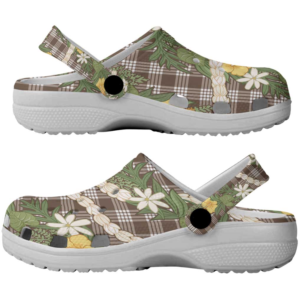 Aloha Puakenikeni Anthurium Pikake Lei Clogs Shoes Chocolate Hawaiian Palaka Pattern LT9 - Polynesian Pride