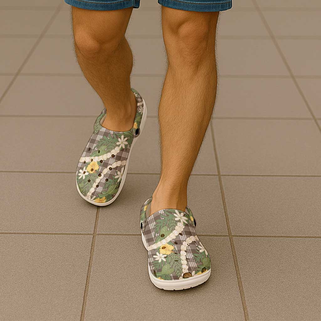 Aloha Puakenikeni Anthurium Pikake Lei Clogs Shoes Chocolate Hawaiian Palaka Pattern LT9 - Polynesian Pride