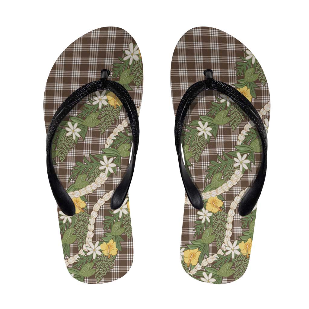 Aloha Puakenikeni Anthurium Pikake Lei Flip Flops Chocolate Hawaiian Palaka Pattern LT9 Chocolate - Polynesian Pride
