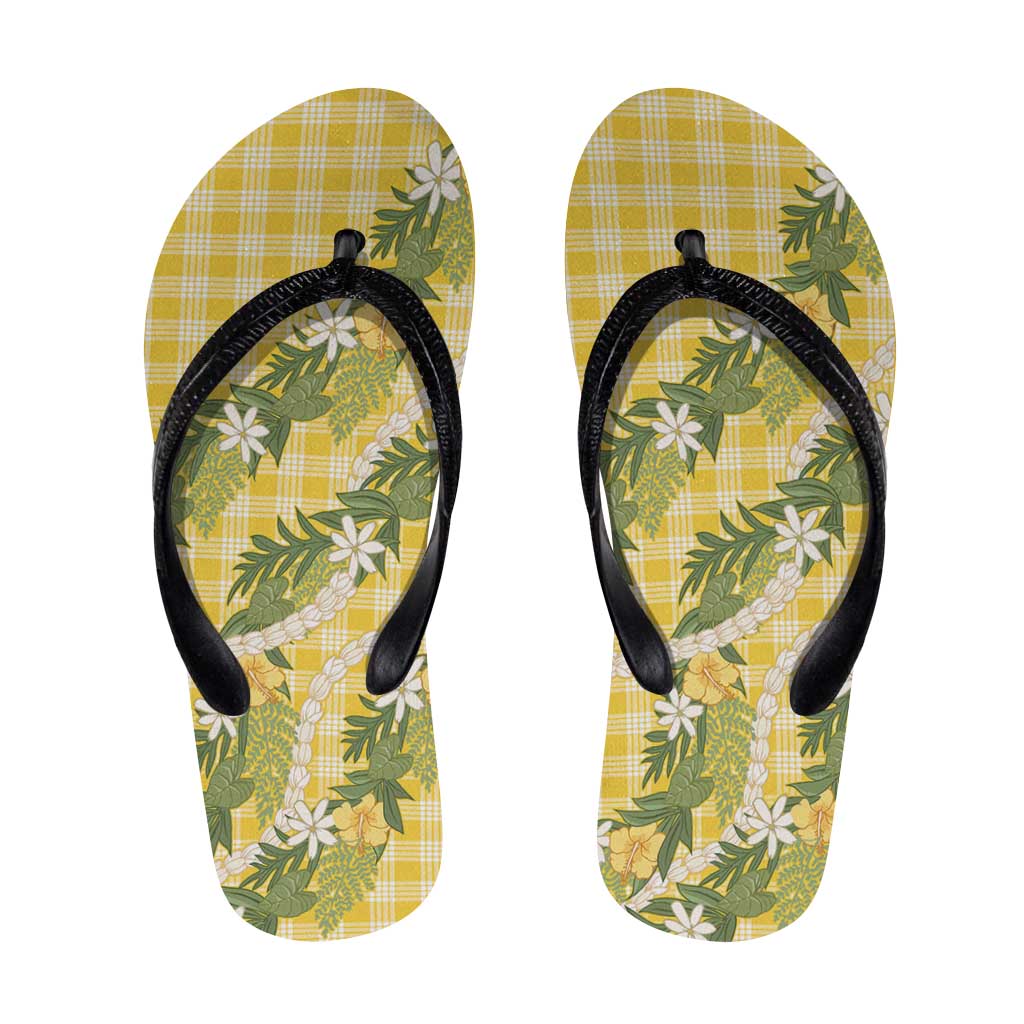 Aloha Puakenikeni Anthurium Pikake Lei Flip Flops Gold Hawaiian Palaka Pattern LT9 Gold - Polynesian Pride