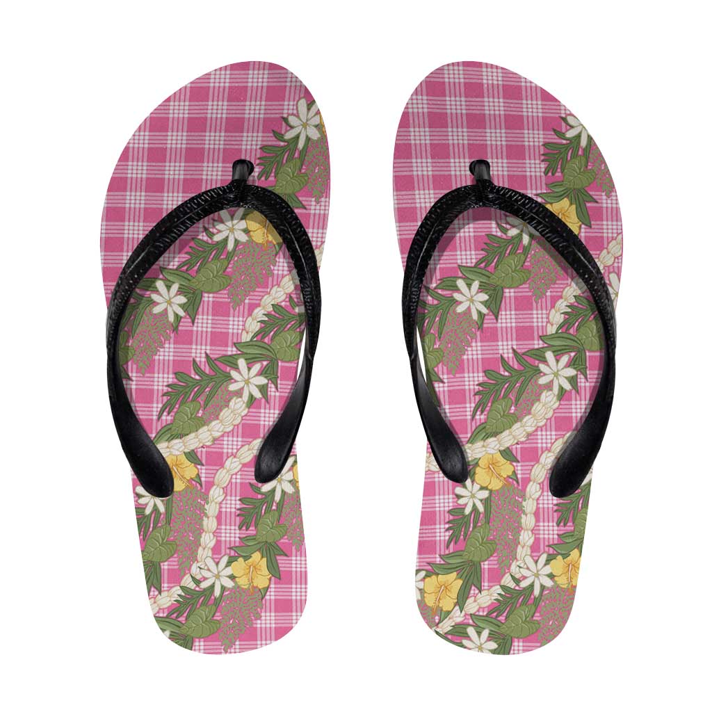 Aloha Puakenikeni Anthurium Pikake Lei Flip Flops Tropical Pink Hawaiian Palaka Pattern LT9 Pink - Polynesian Pride
