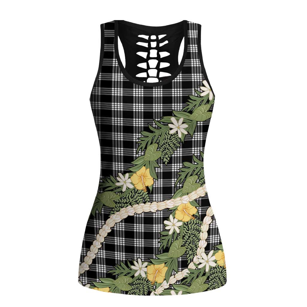 Aloha Puakenikeni Anthurium Pikake Lei Hollow Tank Top Black Hawaiian Palaka Pattern LT9 Female Black - Polynesian Pride