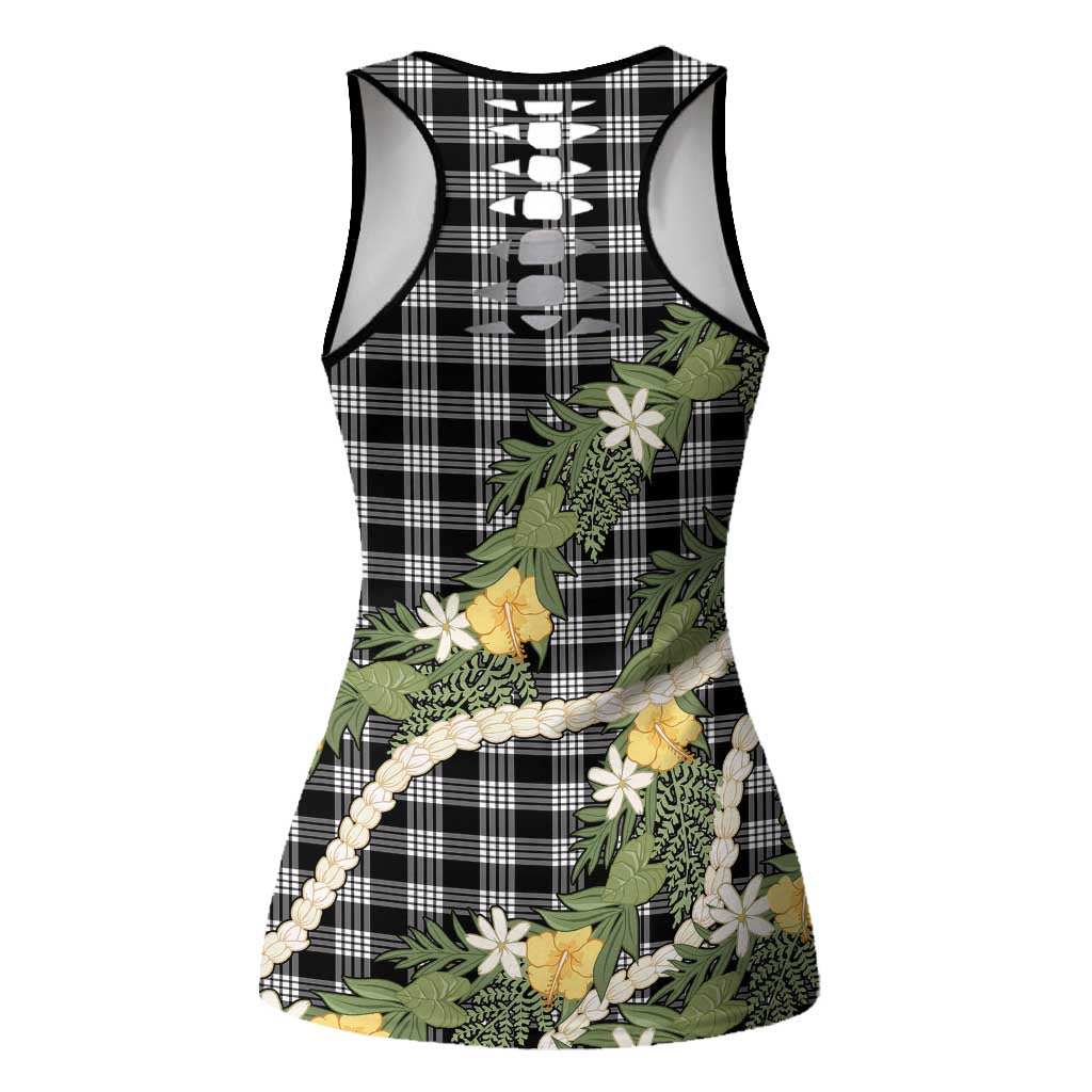 Aloha Puakenikeni Anthurium Pikake Lei Hollow Tank Top Black Hawaiian Palaka Pattern