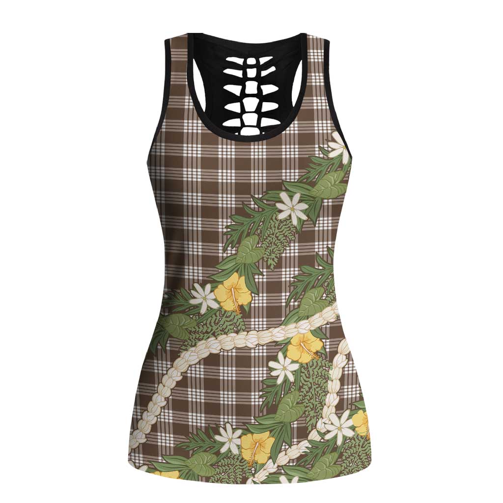 Aloha Puakenikeni Anthurium Pikake Lei Hollow Tank Top Chocolate Hawaiian Palaka Pattern LT9 Female Chocolate - Polynesian Pride