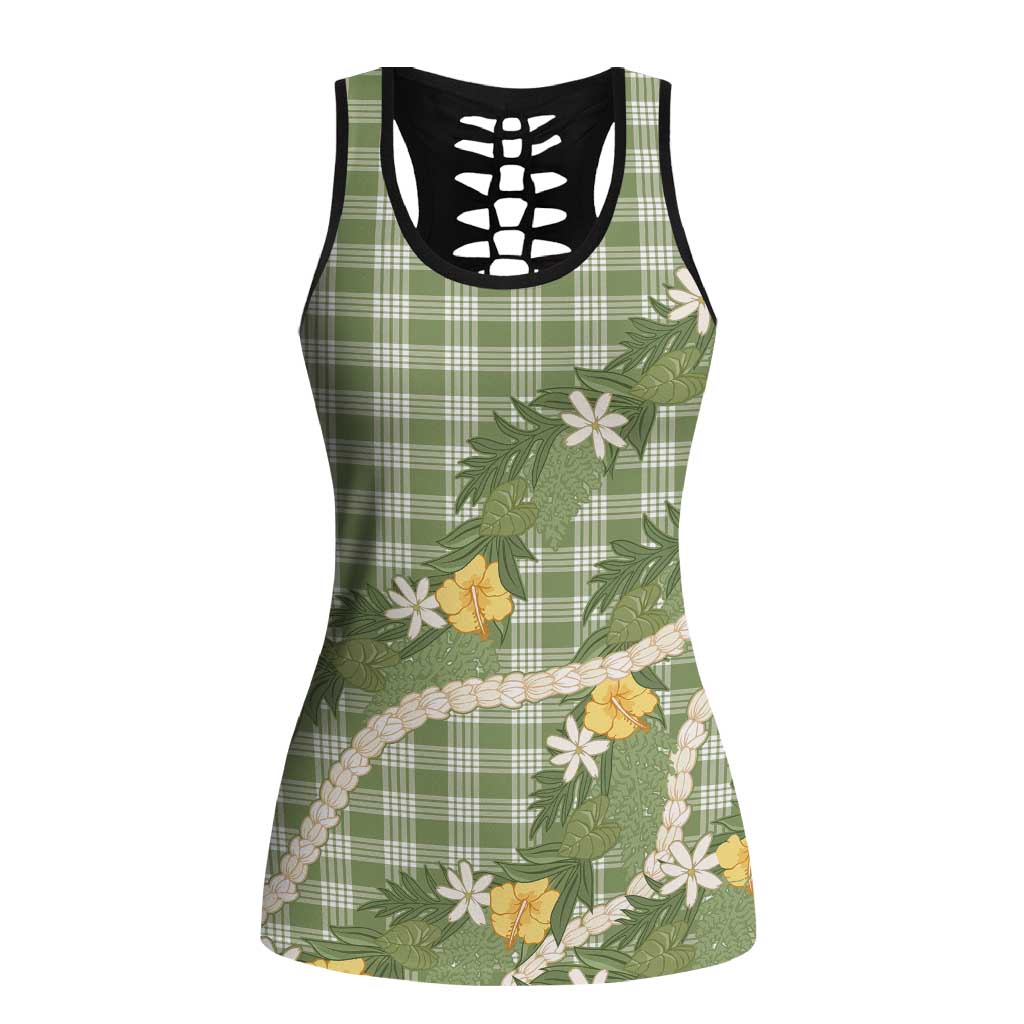 Aloha Puakenikeni Anthurium Pikake Lei Hollow Tank Top Green Hawaiian Palaka Pattern LT9 Female Green - Polynesian Pride
