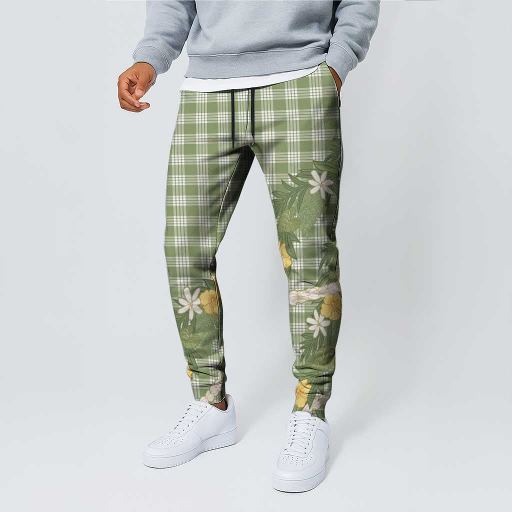 Aloha Puakenikeni Anthurium Pikake Lei Jogger Pants Green Hawaiian Palaka Pattern LT9 - Polynesian Pride