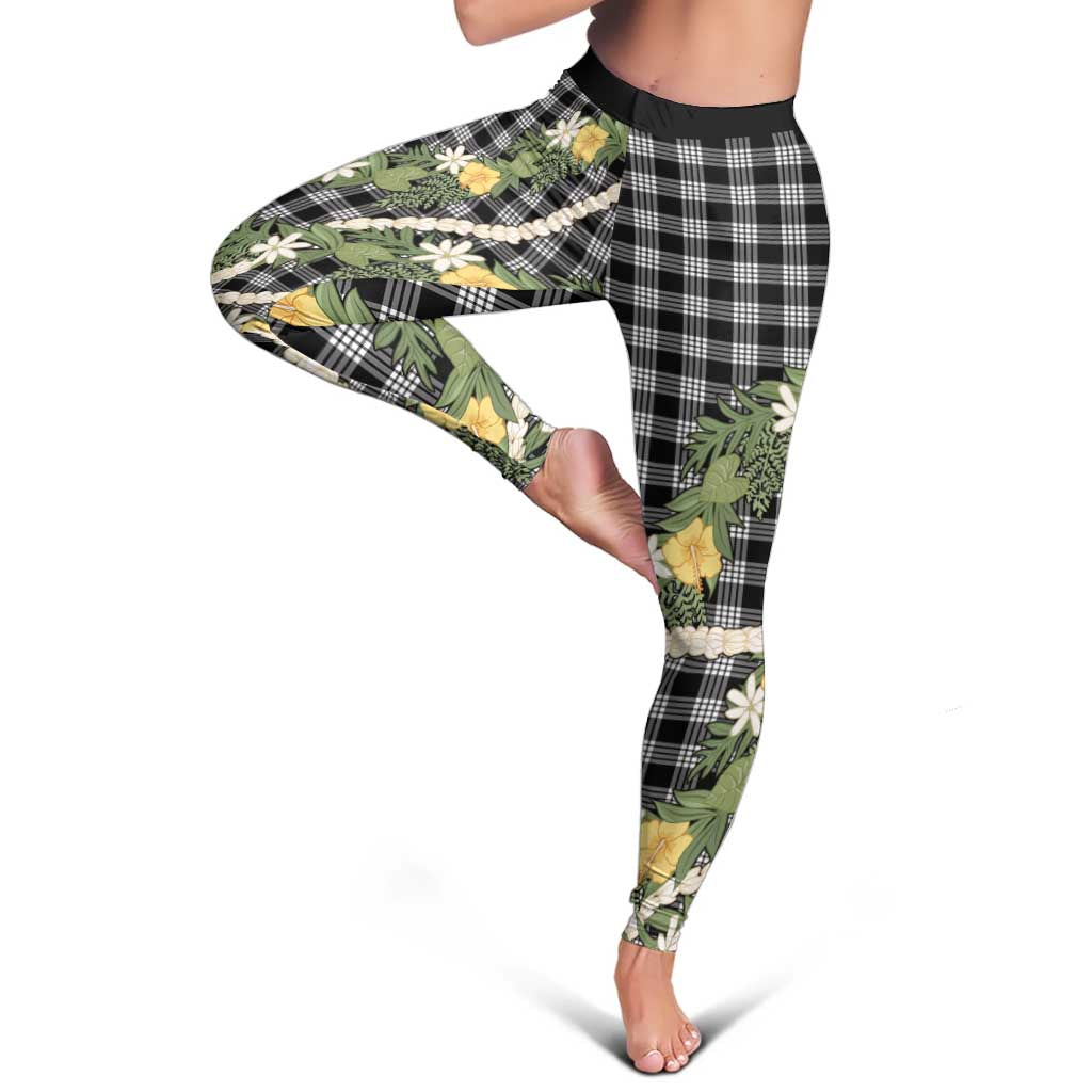 Aloha Puakenikeni Anthurium Pikake Lei Leggings Black Hawaiian Palaka Pattern