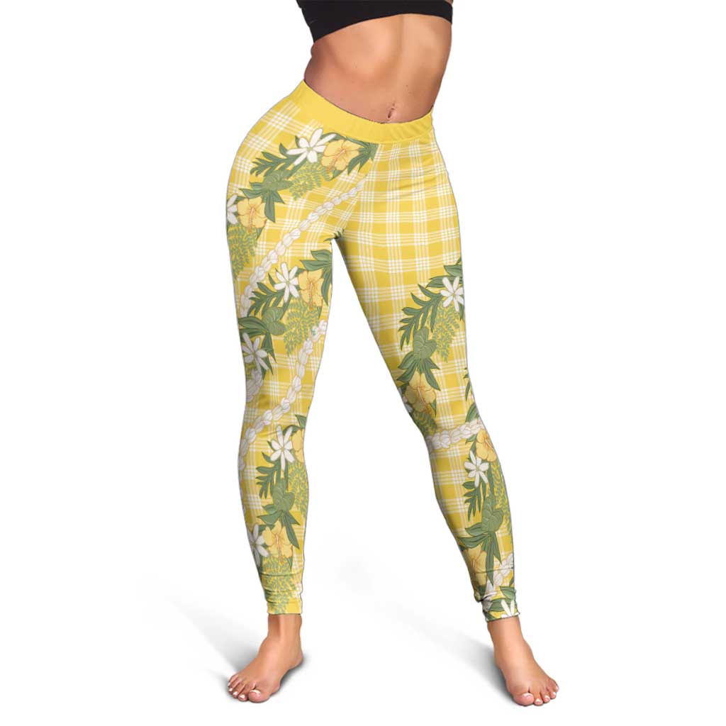 Aloha Puakenikeni Anthurium Pikake Lei Leggings Gold Hawaiian Palaka Pattern LT9 - Polynesian Pride