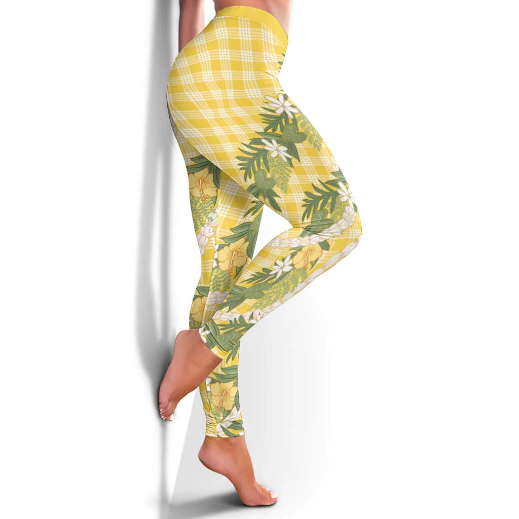 Aloha Puakenikeni Anthurium Pikake Lei Leggings Gold Hawaiian Palaka Pattern LT9 - Polynesian Pride